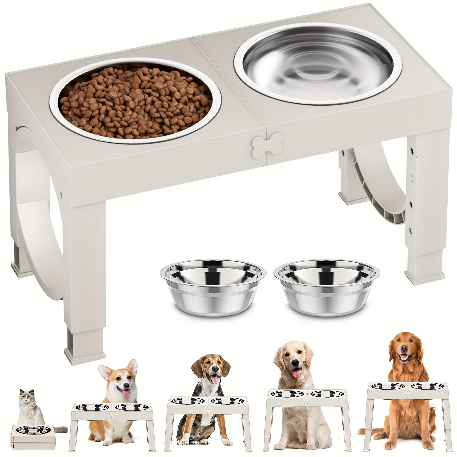 

Dog Food Bowl 3pcs Set, Adjustable Elevated Dog Bowl With 2 Stainless Steel Bowls, , Collapsible, Suitable For Small And Medium Dogs - White