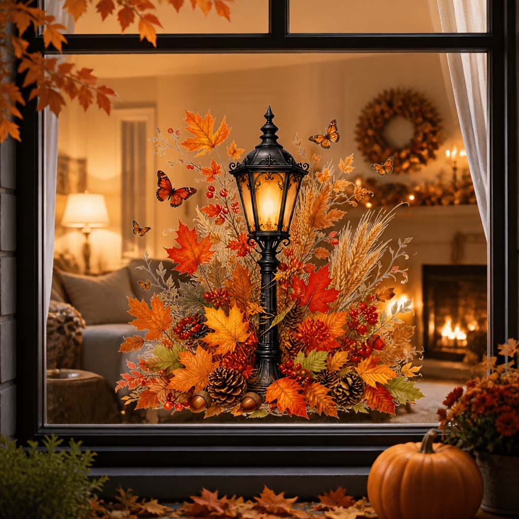 TEMU 1pc Watercolor Vintage Street Lamp Autumn Maple Leaf Window Sticker, Wheat Pine Cone Red Berries American Harvest Theme, Storefront Window
