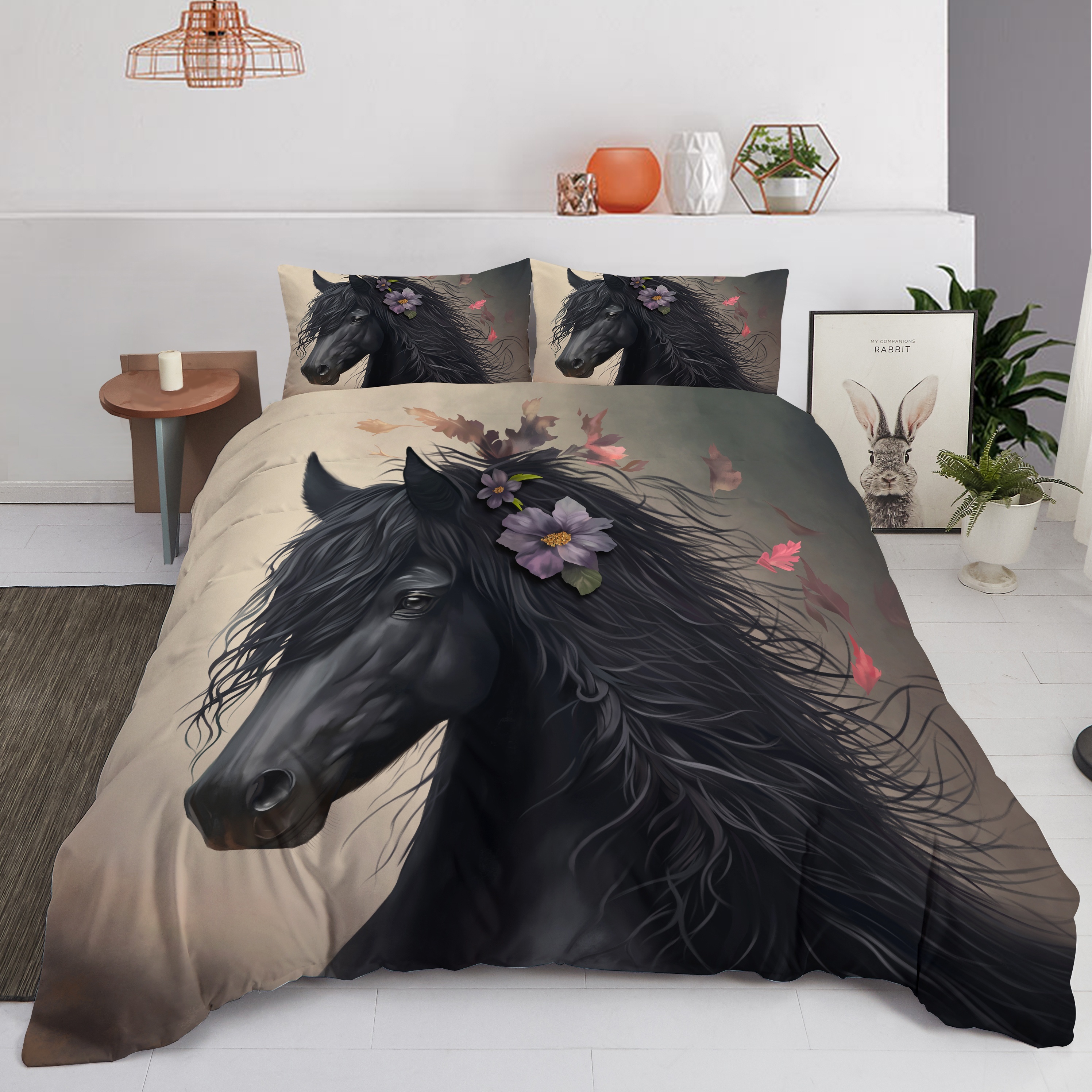 Image of 2/3pcs Duvet Cover Set (1 Duvet Cover + 1/2 Pillowcase, Without Core), Horse Printed Bedding Set For Bedroom And