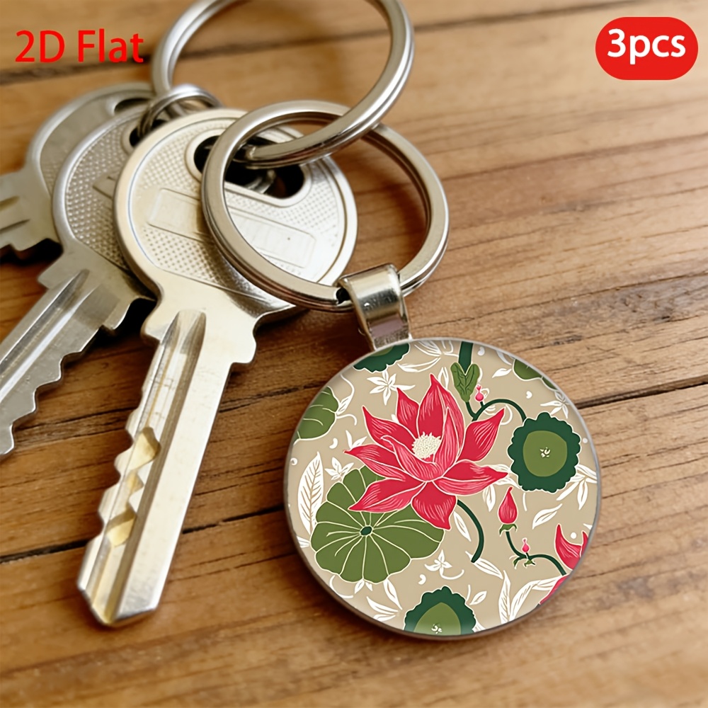 Couple Gift Keychain Set with Lotus Pattern, 3pcs