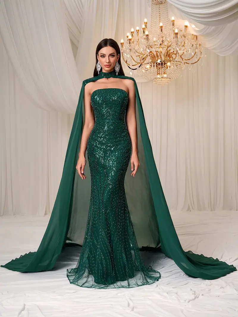 High Neck Chiffon Contrast Sequin Cape Sleeveless * * Prom Dress Party Ball Gown Banquet Long Dress Wedding Guest Graduation Dinner High Neck Chiffon Contrast Sequin Cape Sleeveless * * Prom Dress Party Ball Gown Banquet Long Dress Wedding Guest Graduation Dinner