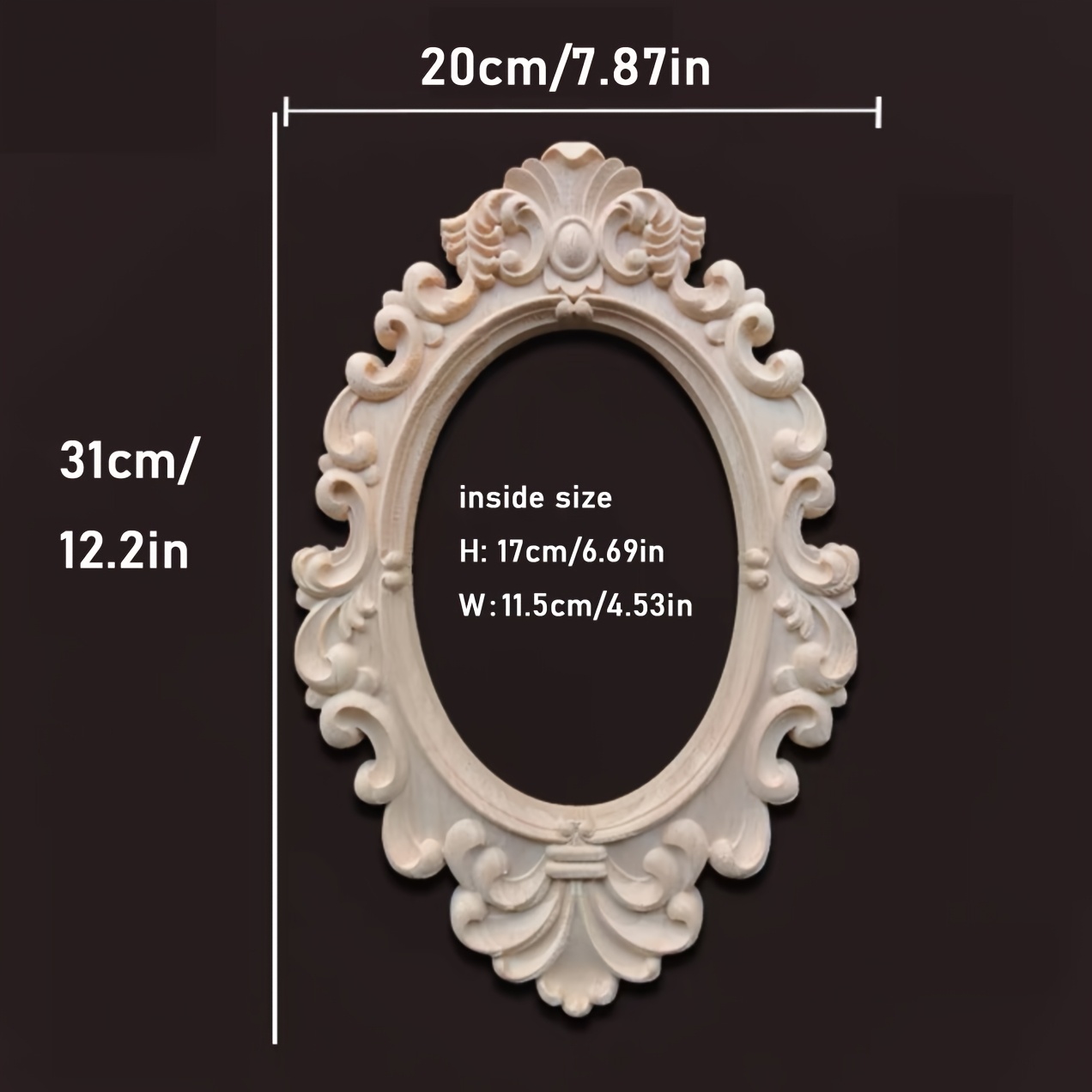 TEMU 1pc, Cadre de ovale non peint, cadre en bois sculpté en relief 2D, autocollant décoratif de sculpture sur bois de style européen, convient aux