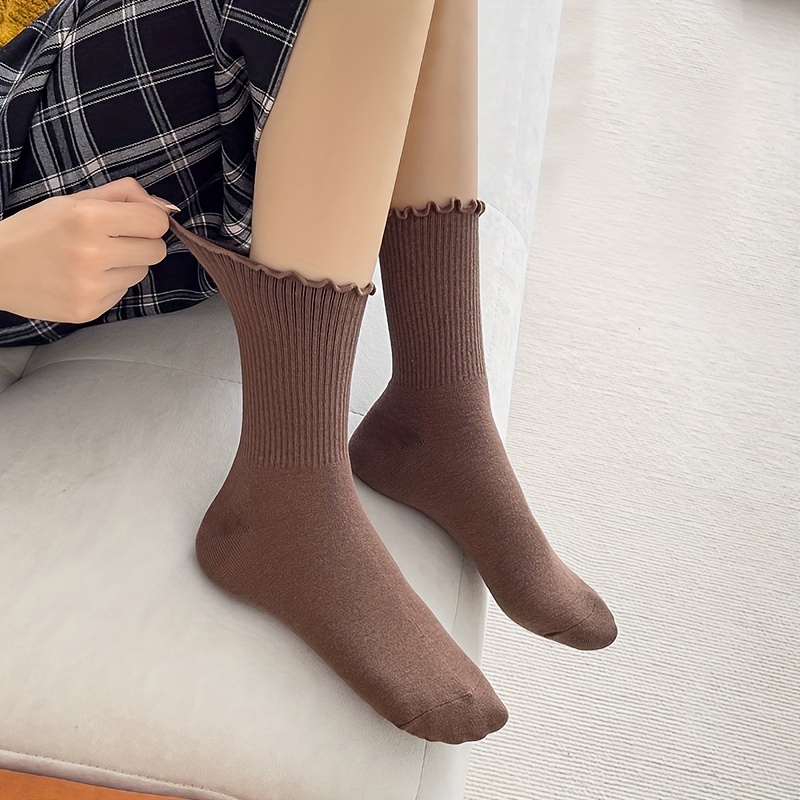 

6 Pairs Simple Solid Color Frilled Socks, Comfy & Breathable Mid Tubesocks, Women's Stockings & Hosiery