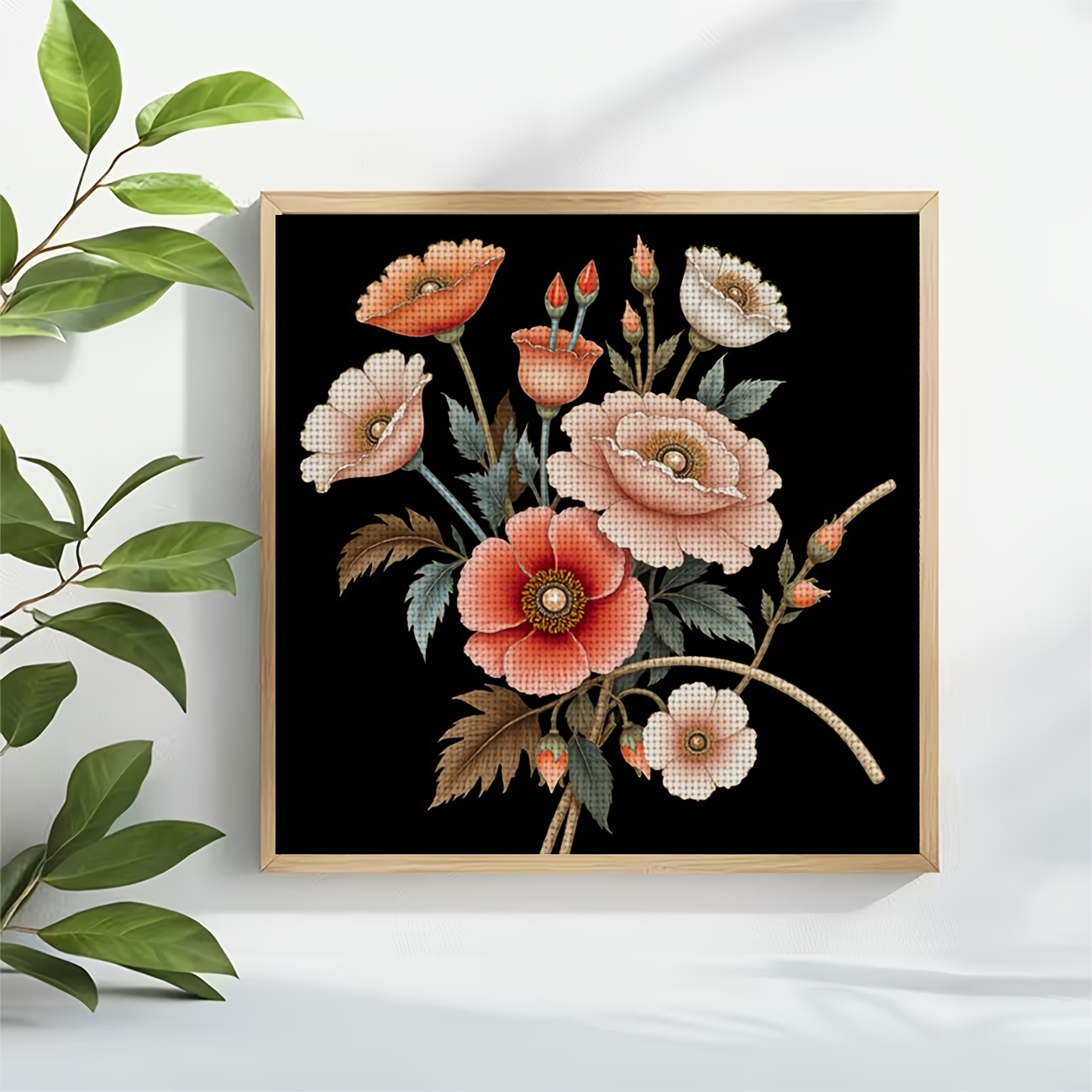 Cross-Stitch Printing Kit, Colorful Bouquet on Black Background