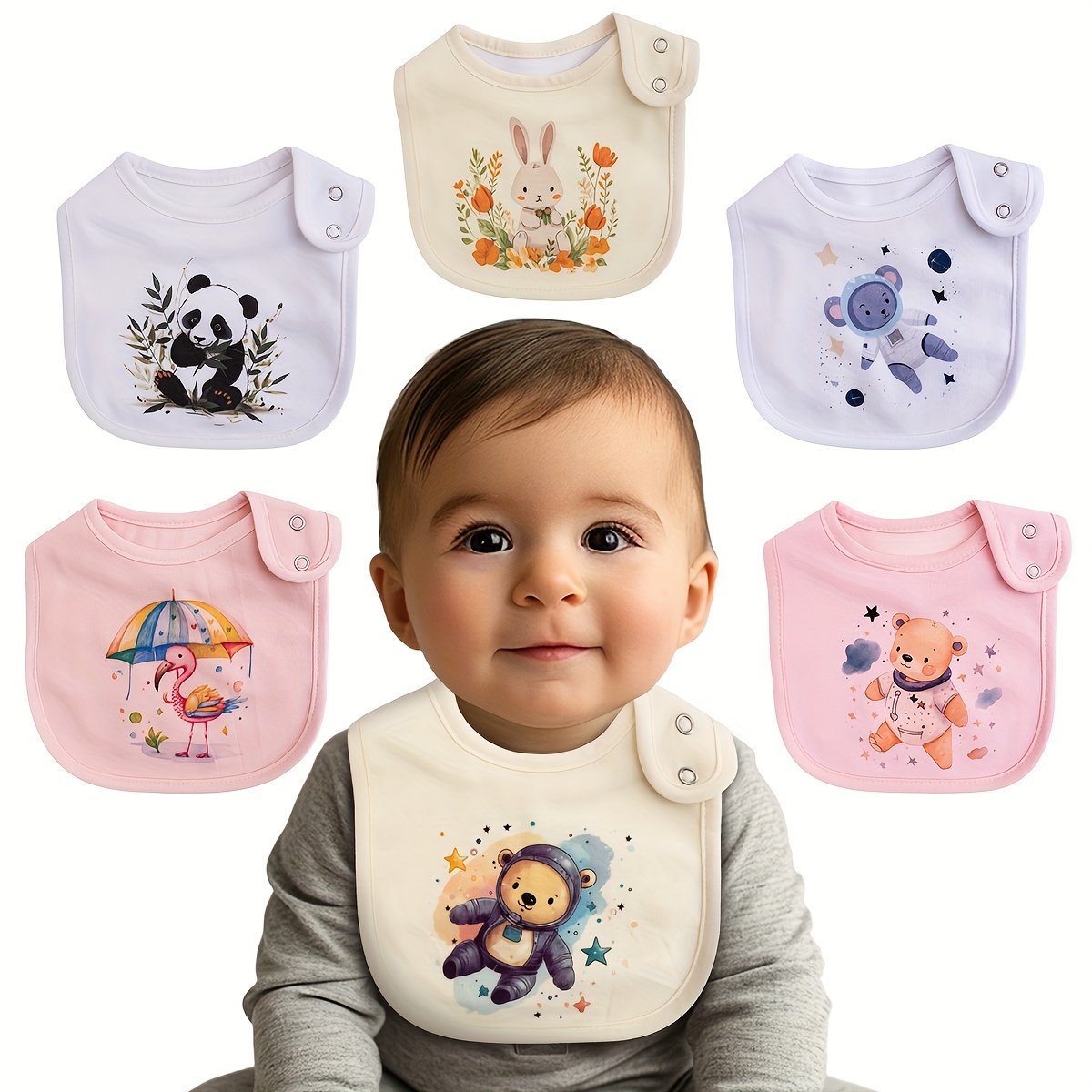 

6pcs Adjustable Waterproof Feeding Bibs Set - Cute Cartoon Animal & Floral Print Designs, Closure, Polyester, Mixed Colors - All