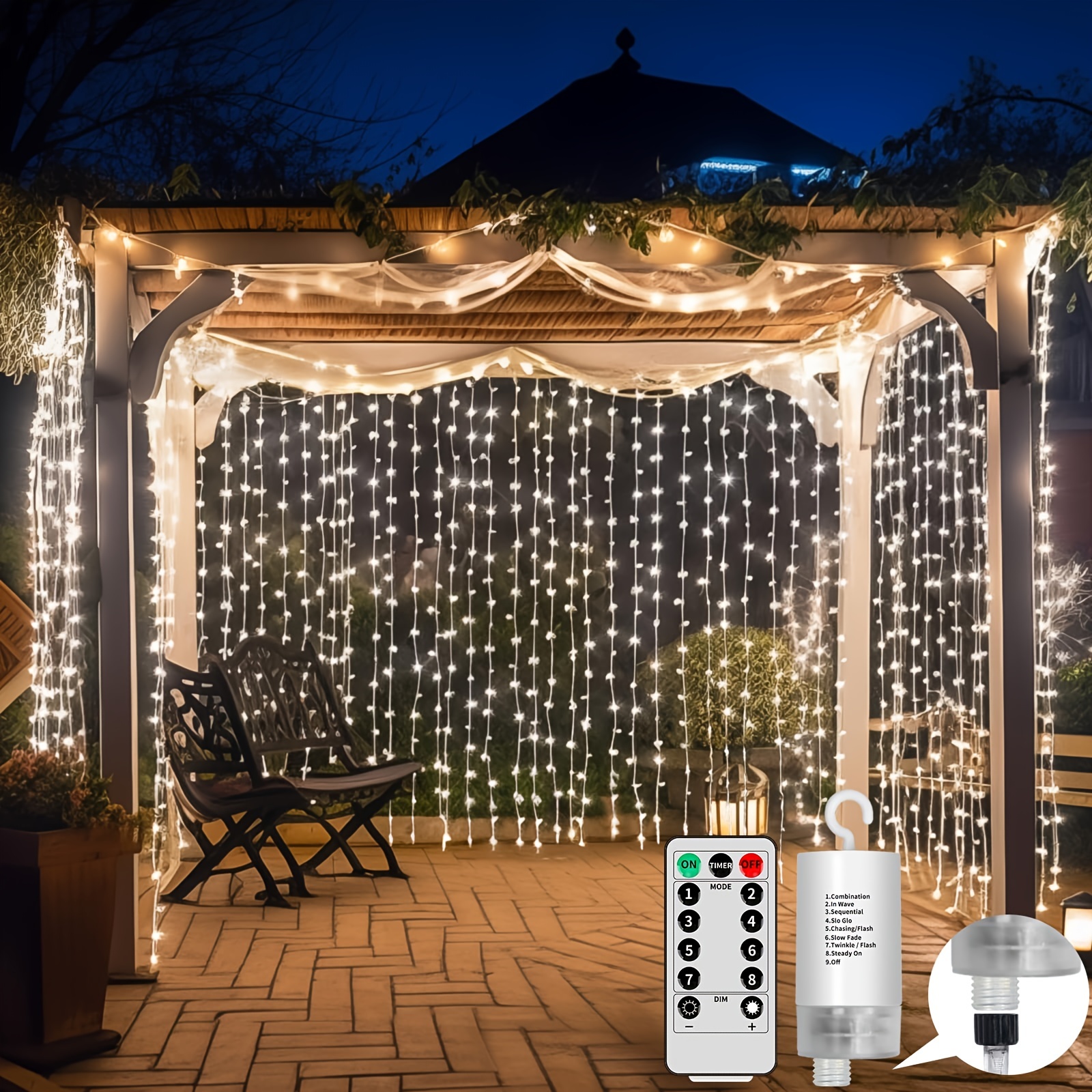 

Upgraded 300led Curtain Lights, Battery Operated, Waterproof, 10ftx10ft Hanging Waterfall Lights With Remote Control, 8 Dimmable String Fairy Lights For Bedroom Porch Gazebo