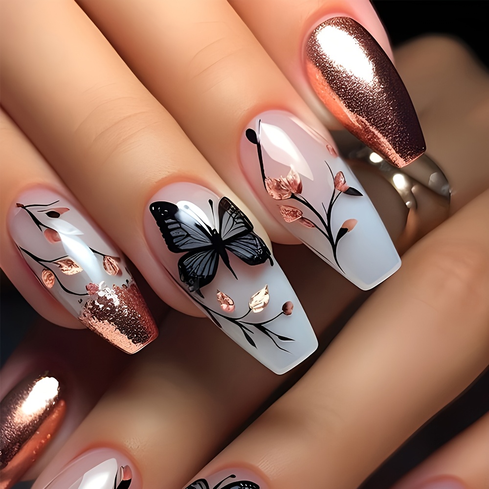 TEMU 24pcs Long Ballet Press-on Nails Suitable For - Hand-painted Nude White Gradient With Flower Branch & Retro Rose Metallic Smudge Nail Art,