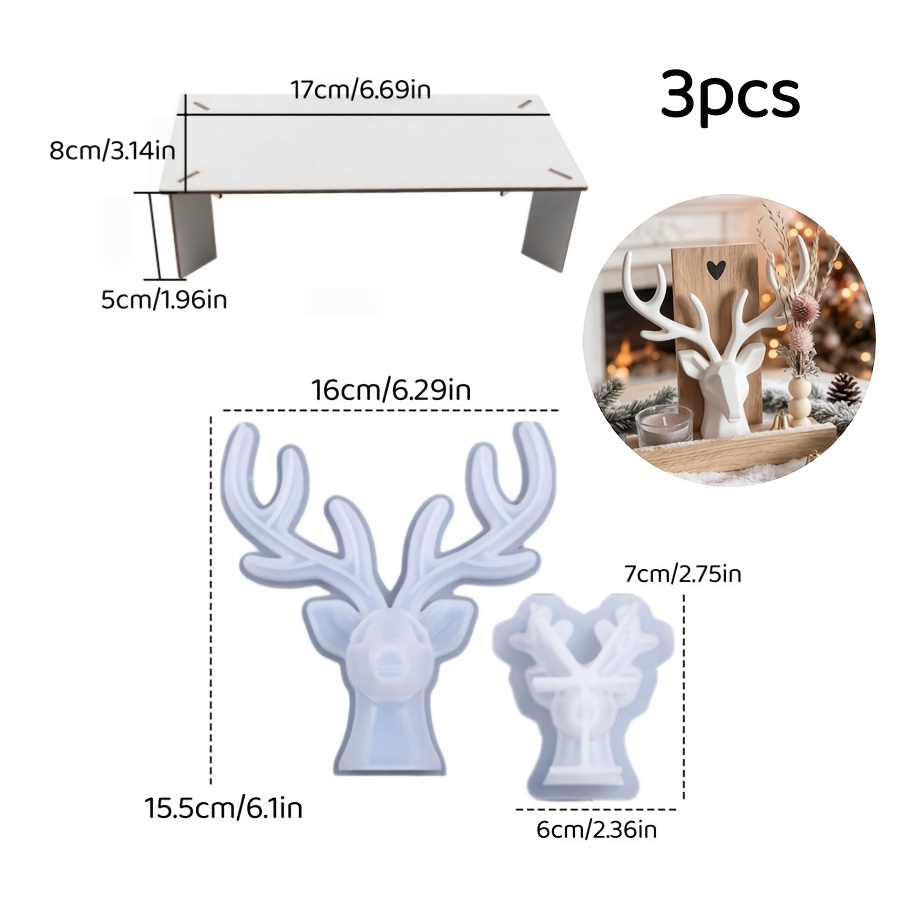 TEMU Resin Silicone Mold 3pcs Christmas Size Deer Head And Wooden Board Ornament Mold Suitable For Making Dropper Gypsum Candles Products Home
