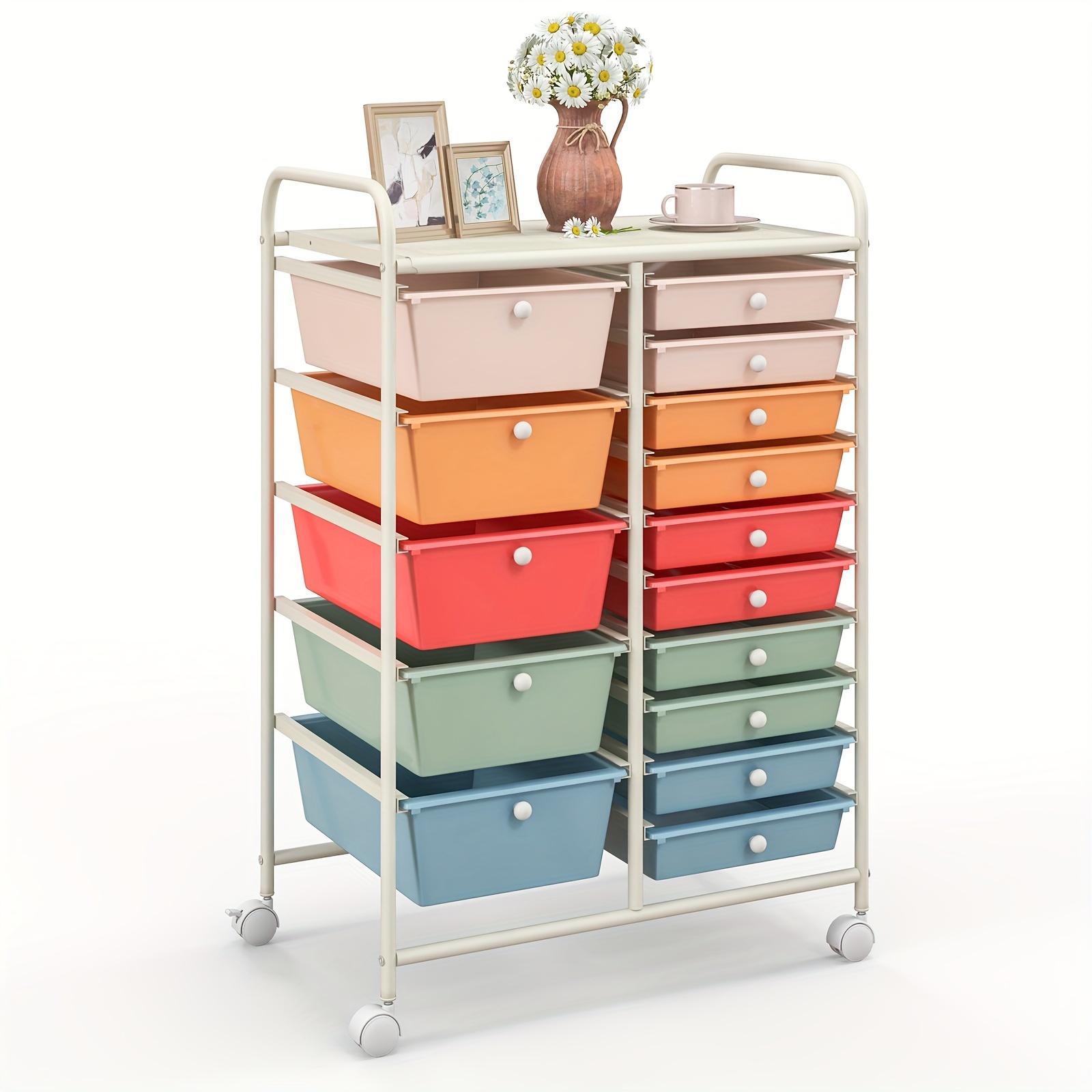 Image of 15-drawer Rolling Storage Cart, Multipurpose Utility Cart With Removable Drawers & Lockable Casters, Mobile Tool Organizer Trolley For Home Office, School, Craft, Multicolored