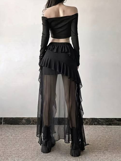 New Women'S Y2K Hot Lace Asymmetrical Ruffle Tassel Black Low-Waist Skirt