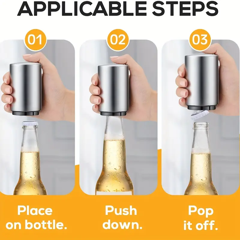 1pc premium beer bottle opener metal automatic magnetic glass bottle cap opener stainless steel push bottle opener for home picnic camping bars parties etc silver details 0