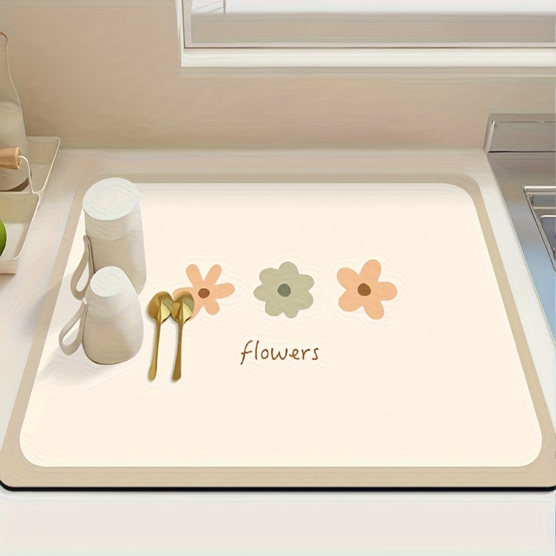 E-shop 1 Stück Blumen-Küchenuntersetzer – Rutschfeste, saugfähige Geschirrtrockenmatte mit Pastell-Blumenmuster (Beige/Kamel), hitzebeständiger