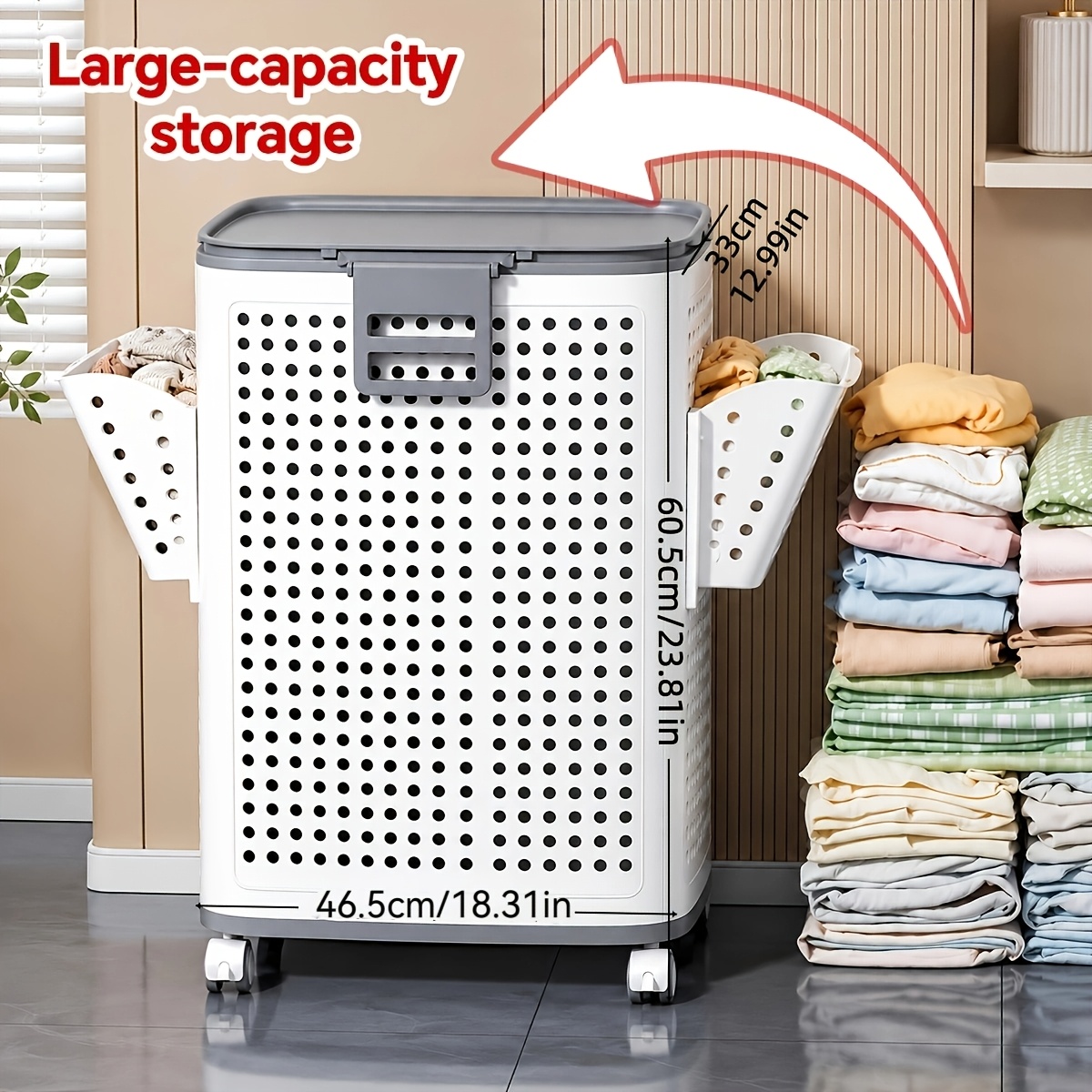 TEMU Large Capacity Foldable Laundry Hamper With Lid And 4 Rolling Wheels, Ventilated Dirty Clothes Storage Basket With 2 Removable Side Pockets,