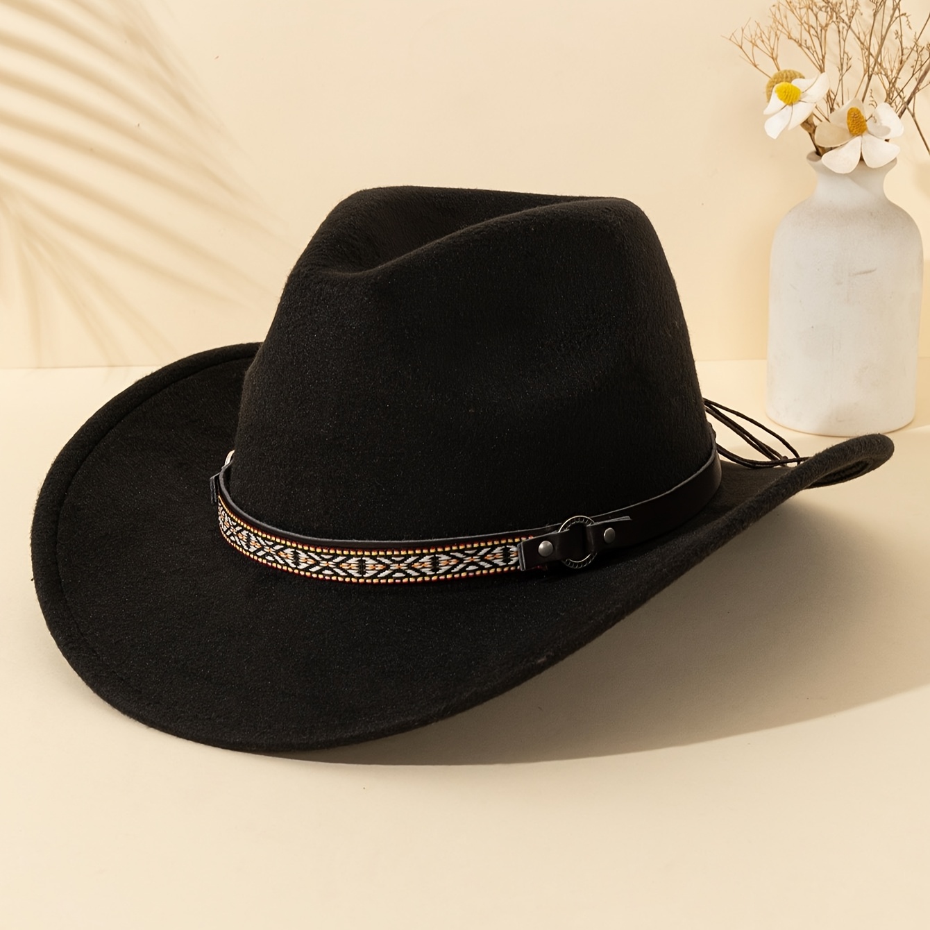 Solid Color Unisex Western Cowboy Felt Hat With Retro Ethnic Style Belt Decoration