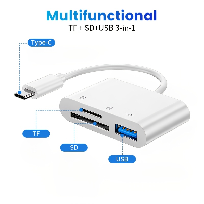 TEMU Type-c 3-in-1 Multi-functional Card Reader, Sd/tf Card Read-write Adapter, Storage Card Reader, Otg Data Transfer Write Card Device, Usb-c Flash