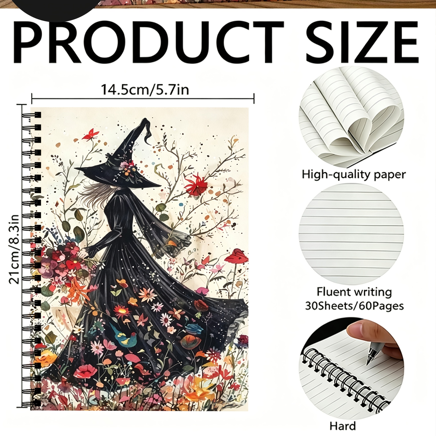 TEMU A Witch Spiral Notebook In A Flower Bush, Lined Journal, A Perfect Gift For , Sisters, Brothers, Teachers, Thanksgiving, Halloween, Christmas