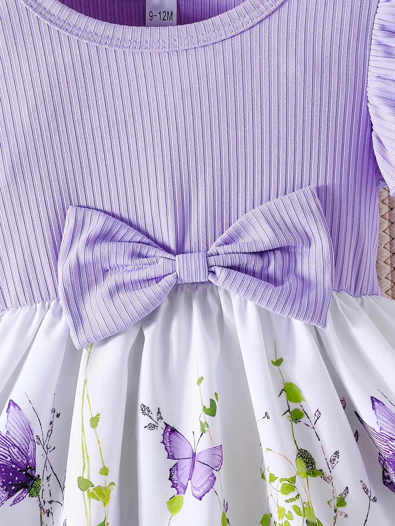 Girls' Spring/Summer Ruffled Sleeve Dress with Bow Detail and Elastic Waistband - Green Butterfly Print on White, Knee-Length, Machine Washable