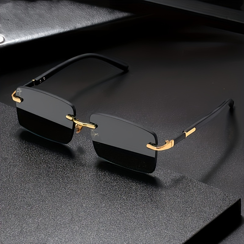 

Elegant Black Rectangle Rimless Fashion Glasses With Golden-tone Accents - Vintage Hip Hop Style, Metal & Frame, Polarized Lenses For Fashion & - Includes Stylish Case