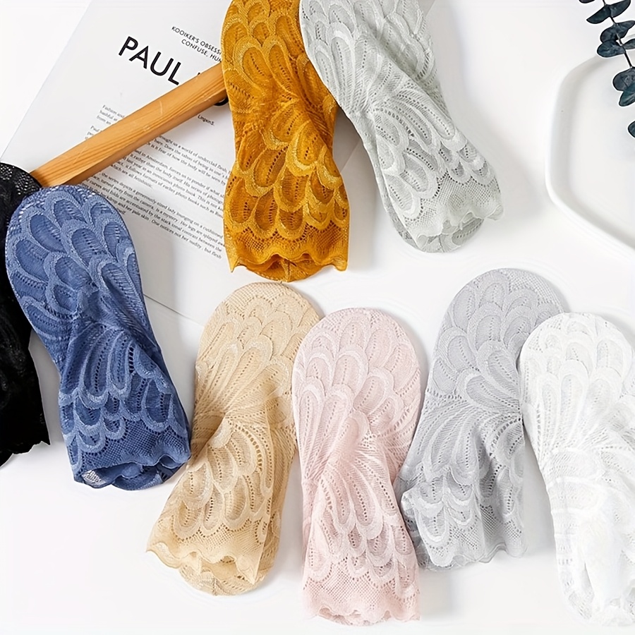 5 pairs womens lace floral mesh ankle socks non slip invisible liner socks with elastic waistband breathable thin design sheer lace overlay   casual attire cute socks Product details 1