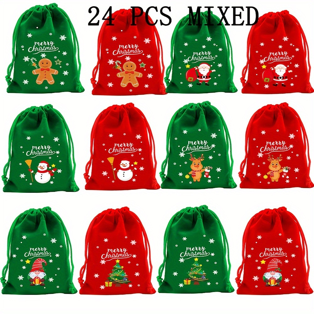 Image of 24pcs Red And Green Christmas Gift Bags Flannel Small Bag With Drawstring Medium Size For Xmas Party Favors Christmas Santa Claus Tree Snowman Gift Bags,halloween