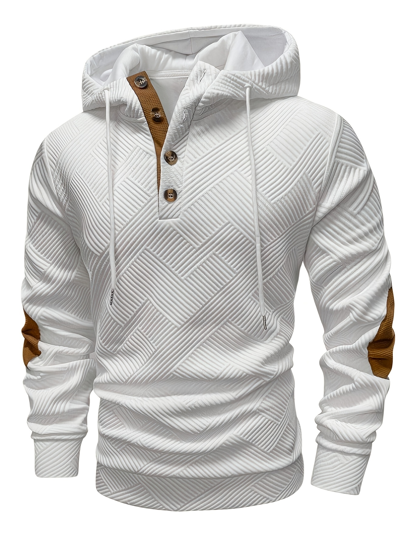 Men'S Stylish Casual Hooded Cardigan with Front Zipper and Button Placket - Geometric Pattern, Brown and Orange Accents, Light Gray, Perfect for Spring/Fall