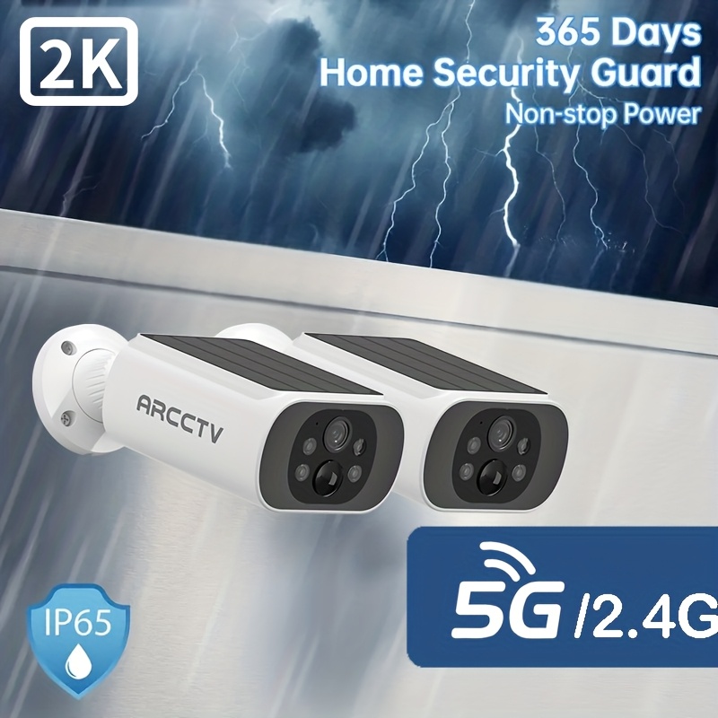 TEMU 2 pièces Caméra de Sécurité Extérieure Fil, WIFI 5G & 2.4G avec Panneau Solaire Intégré pour Maison, 3 Modes , 4MP 2K QHD, Détection de , Audio