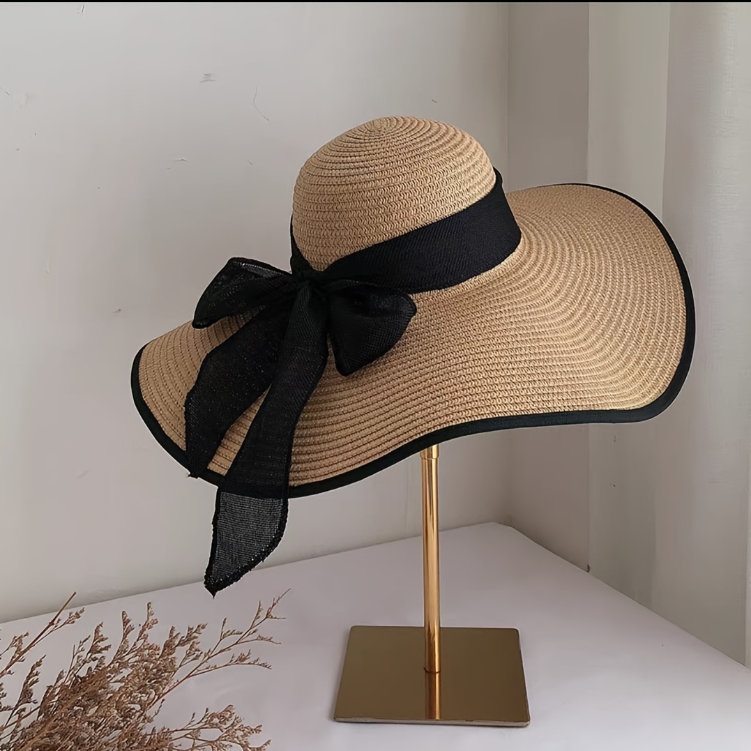 1pc Oversized Brim Sun Hat, Foldable Beach Vacation Sun Hat, Trendy Straw Hat For Women, Summer