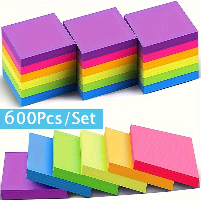 

600pcs Akkahh Self-stick Notes Set, Fluorescent Square Notes, Assorted Bright Colors, For Students, Office &