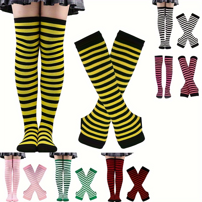 

A Pair Of Teenager's Striped Trendy Leggings & Arm Sleeves, Fashion Fun Novelty Set For Party Wearing