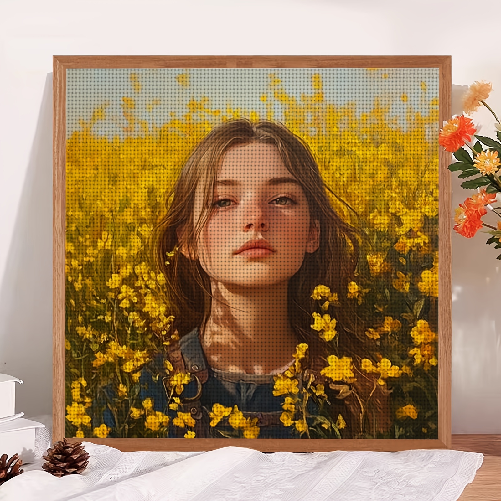 Cross-Stitch Kit, Girl in Yellow Flowers Pattern