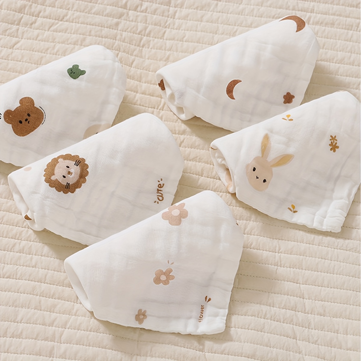 Image of 5pcs Cute Cartoon Printed Children's Drool Bibs, Soft Baby Washcloths, Newborn Bath Towels, Essential Handkerchief Towels For Kids