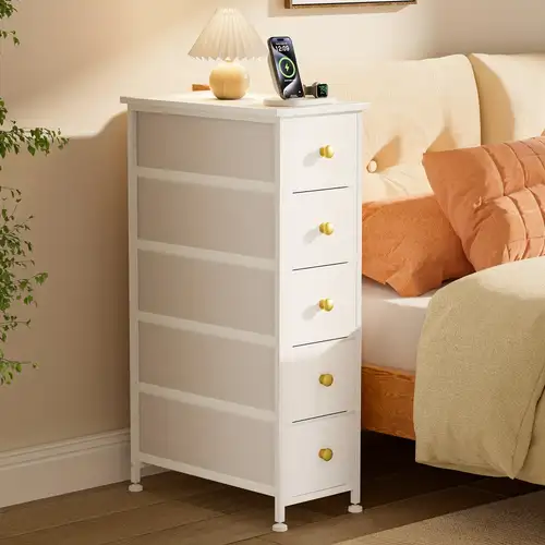 skinny tall white dresser Furnulem for Bedroom, Chest of Drawer with Fabric Drawer Each drawer is equipped with smooth slides for easy access White Dresser, Tall 5 Drawer