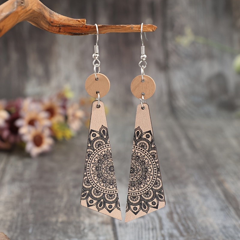 Cross-border European And American New Bohemian Style Geometric Printed Sunflower Vine Pattern Minimalist Wooden Earrings, For Teenager