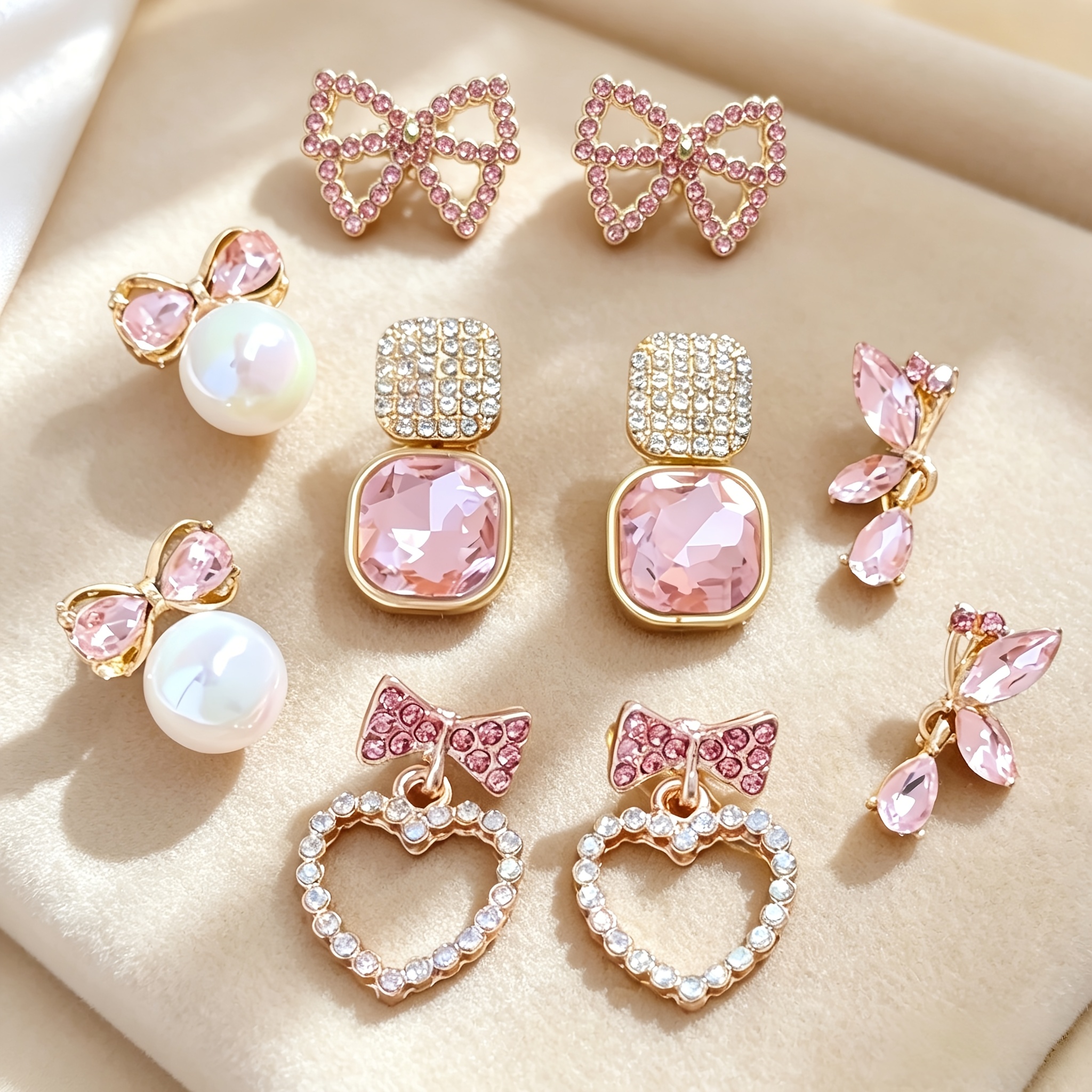 TEMU 5-pair Women's Jewelry Set - Plated Pink Bow & Heart Earrings Suitable For Wedding, Wedding, Daily Wear, Valentine's/mother's Day Gift, Elegant