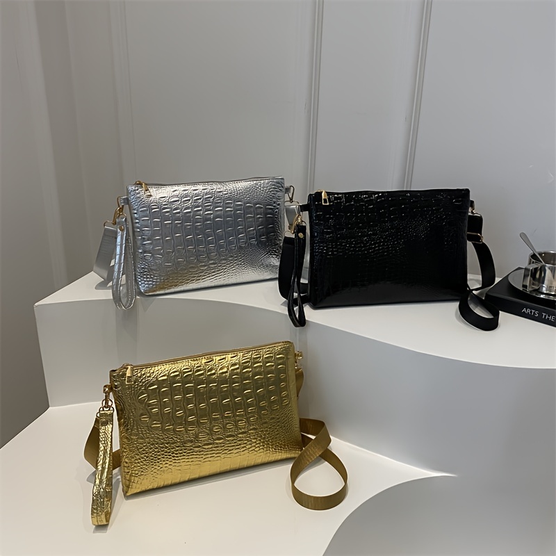 

Fashionable Crocodile Pattern Pu Solid Color Envelope Bag, Trendy Small Square Bag, Simple And Casual Single Shoulder Bag For Ladies' Daily Use.