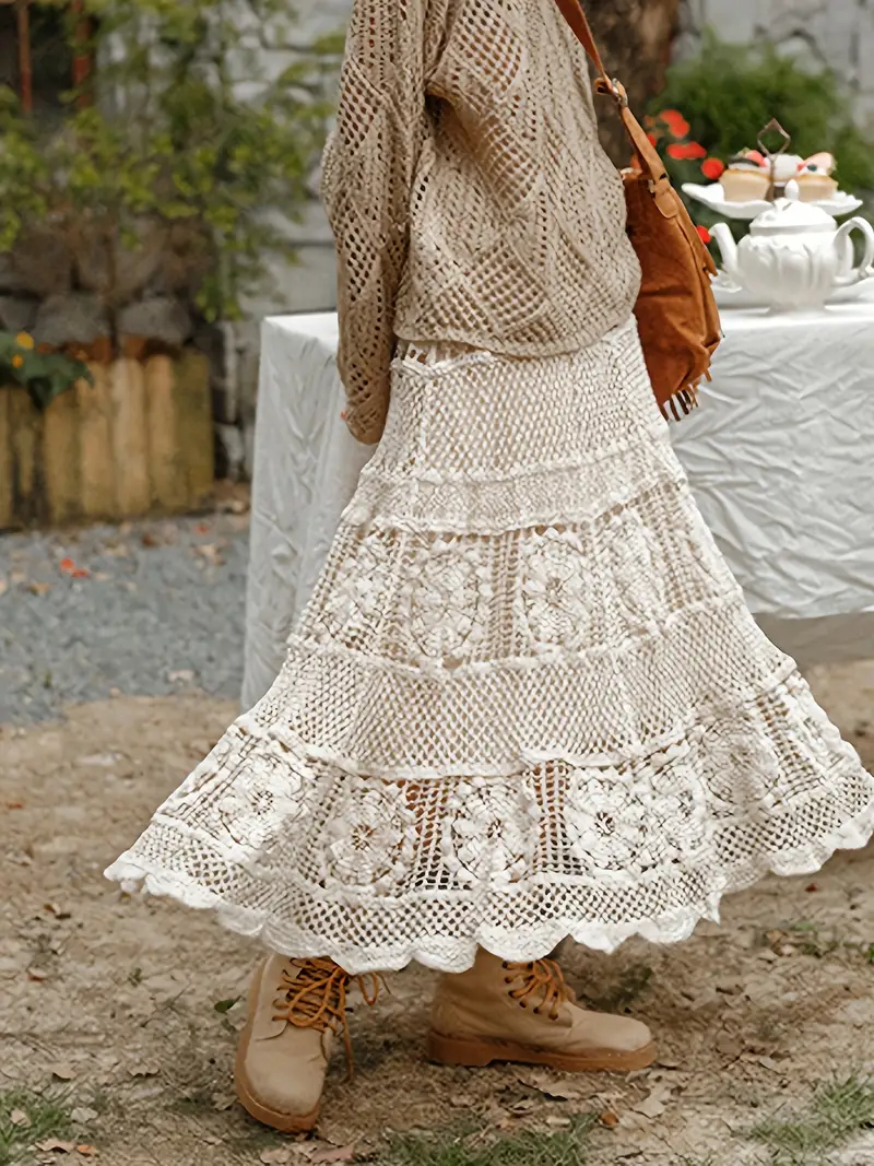 crochet hallow dress Momyknows Crochet Hollow Out 3D Flowes Cut Out Halter Neck Cami Bodycon Elegant Baby Moon Beach Maternity Photoshoot Baby Shower Maxi Dress, Beige / M