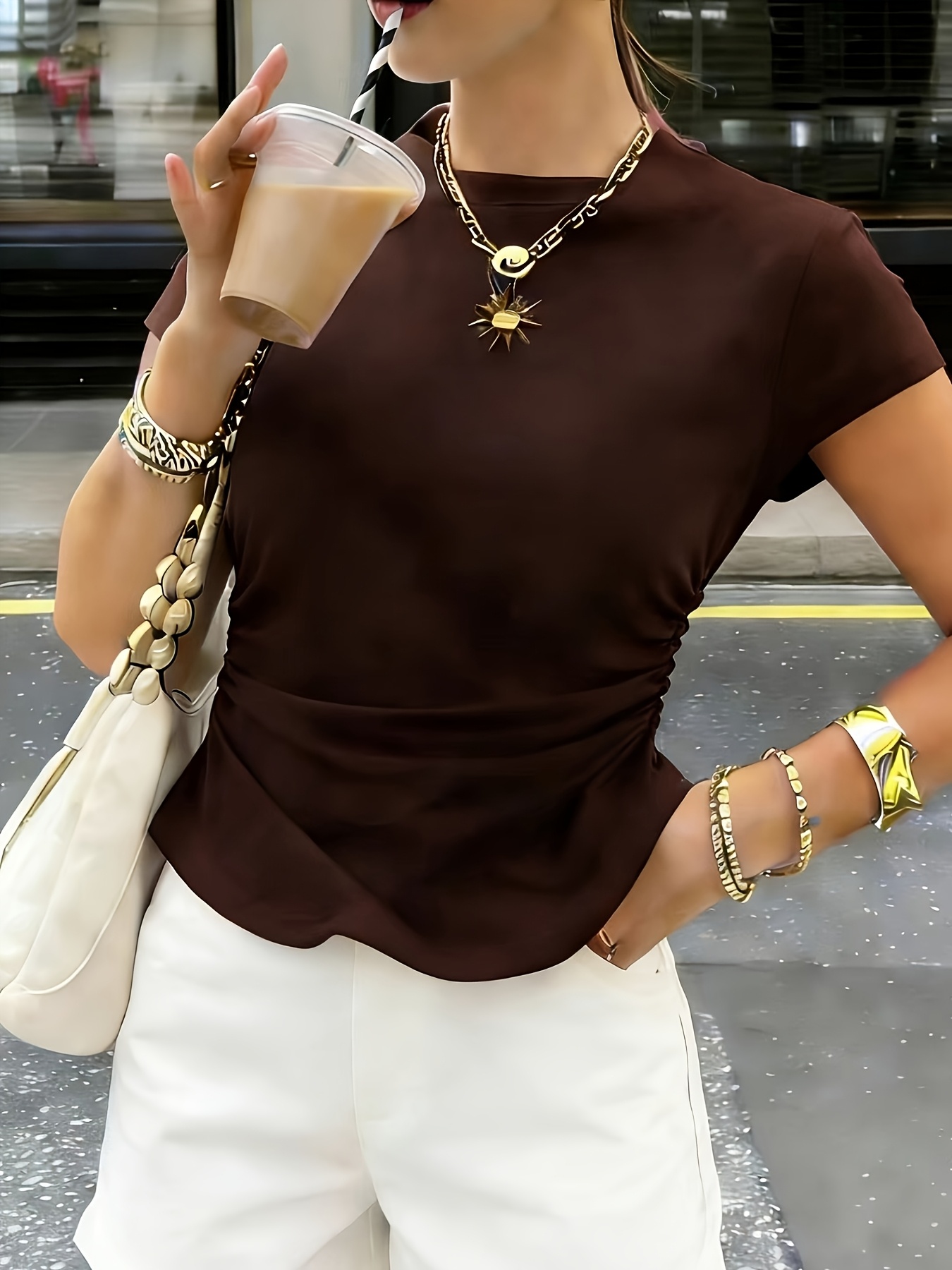 Women's 2026 American Vintage Casual Short-Sleeve T-Shirt, Spring/Summer Slim Fit Waist Pleat Short-Sleeve Fashion T-Shirt
