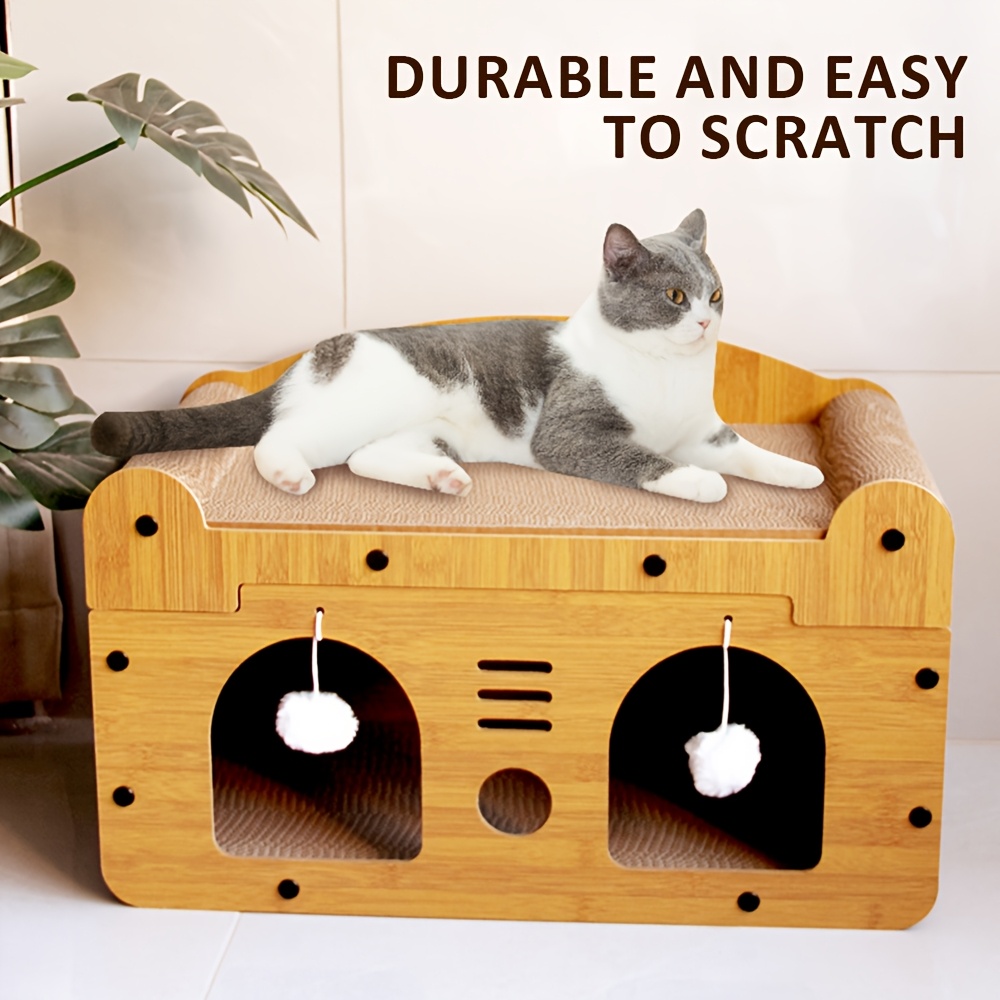 

Double-layer Corrugated Cardboard Cat Scratcher With Cozy Bed - Sturdy Vertical For Cats, Lounge With Integrated Play Balls, Easy To , Ideal For Indoor Use