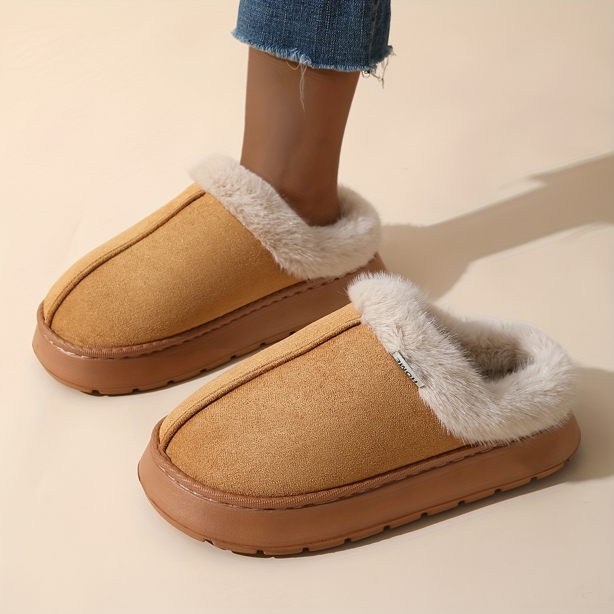 womens elegant plush slip on slippers soft warm thick cushioned eva sole with plush lining non slip comfortable beach for summer   indoor outdoor house shoes in pastel neutral colors pink easy clean durable eva material 3