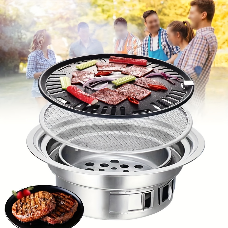 

Round Bbq Grill Stove Camping Charcoal Stove Stainless Steel Non-stick Bbq Barbecue Grill Stove Outdoor Indoor Korean Bbq Cooker For Camping Party Picnic 15.75x9.25x5.31in