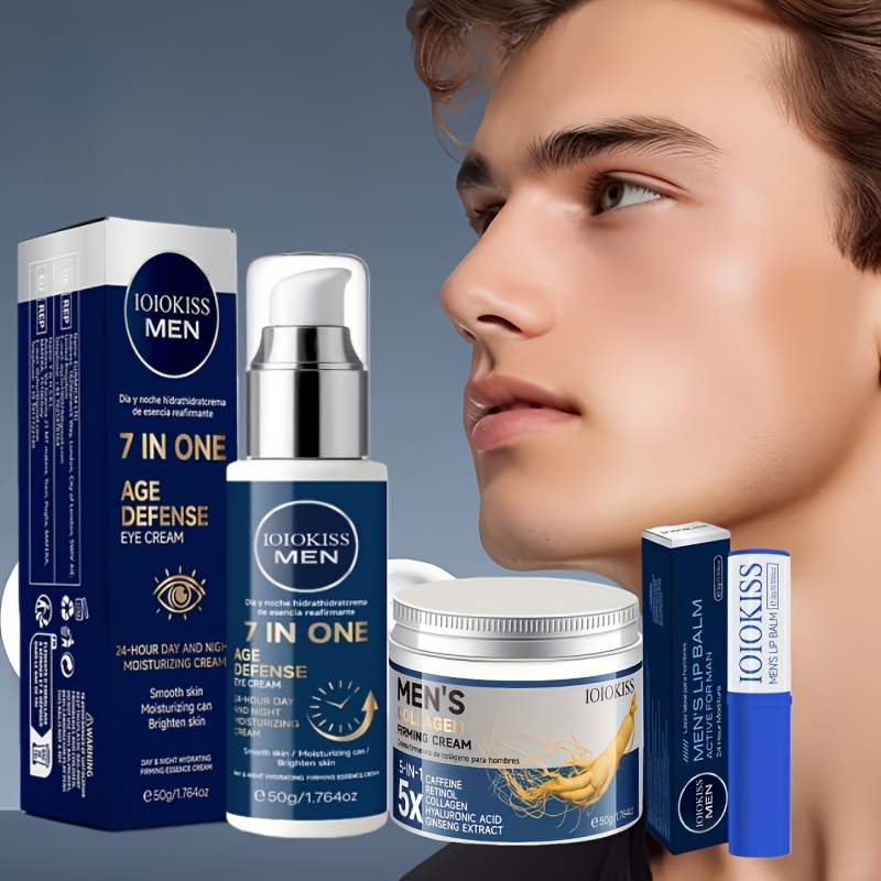 Ensemble de soins du visage pour hommes, comprenant une crème pour les yeux, un baume à lèvres et une crème pour le visage, pour un lifting, des soins quotidiens, des produits de toilettage essentiels pour hommes, une hydratation longue durée, le cadeau parfait pour les hommes et un indispensable pour les soins quotidiens du visage des hommes
