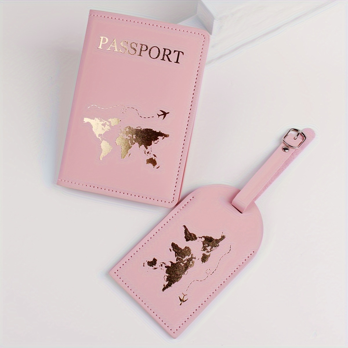 TEMU Fashionable 2pcs Travel Set: Golden- Passport Holder And Luggage Tag, Featuring Letter And Map Stamping, Hand-sewn Oil- Luggage Tags, Privacy