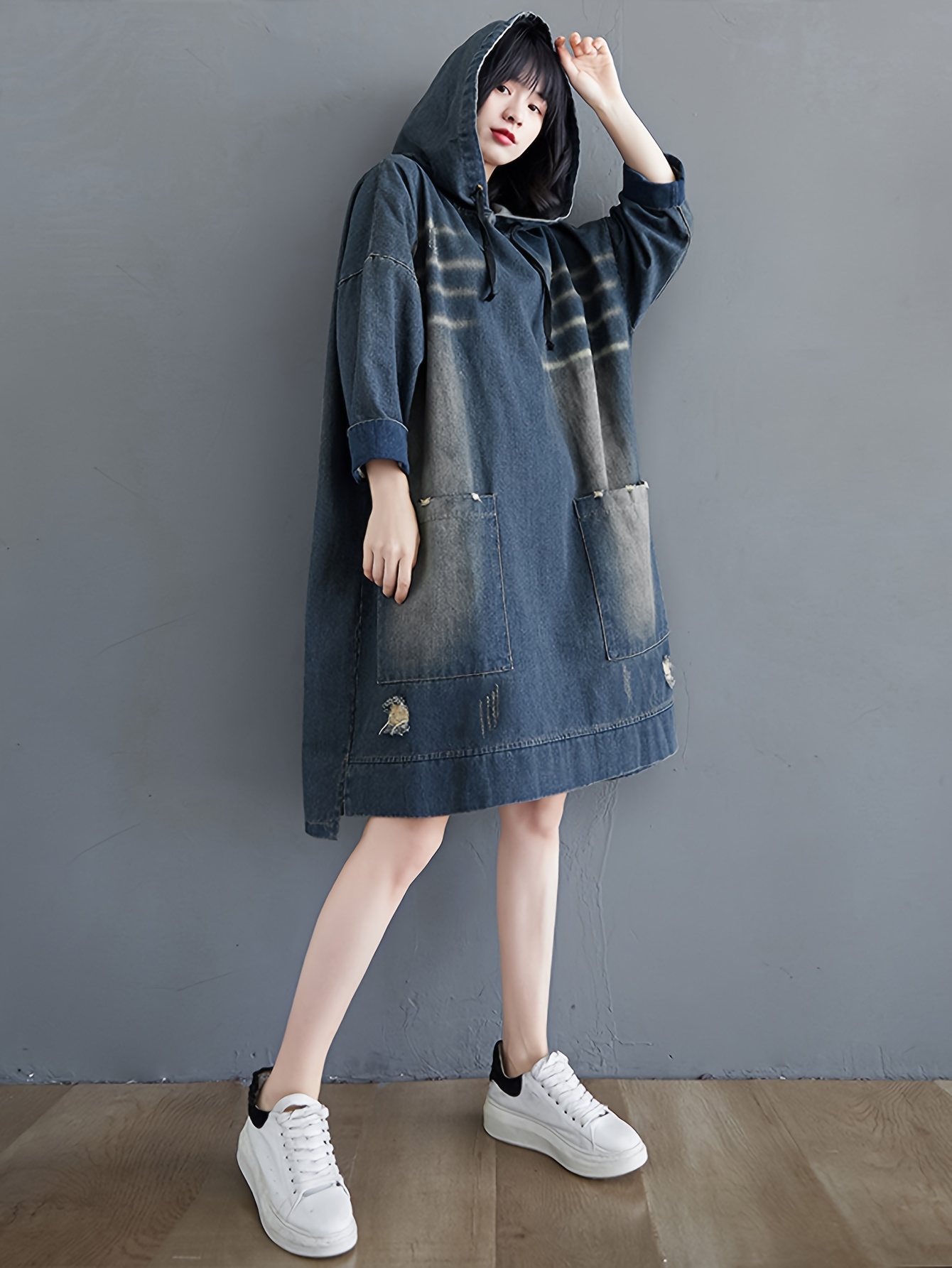 white christmas dresses Denim Blue hooded Dress – Cefalu.in