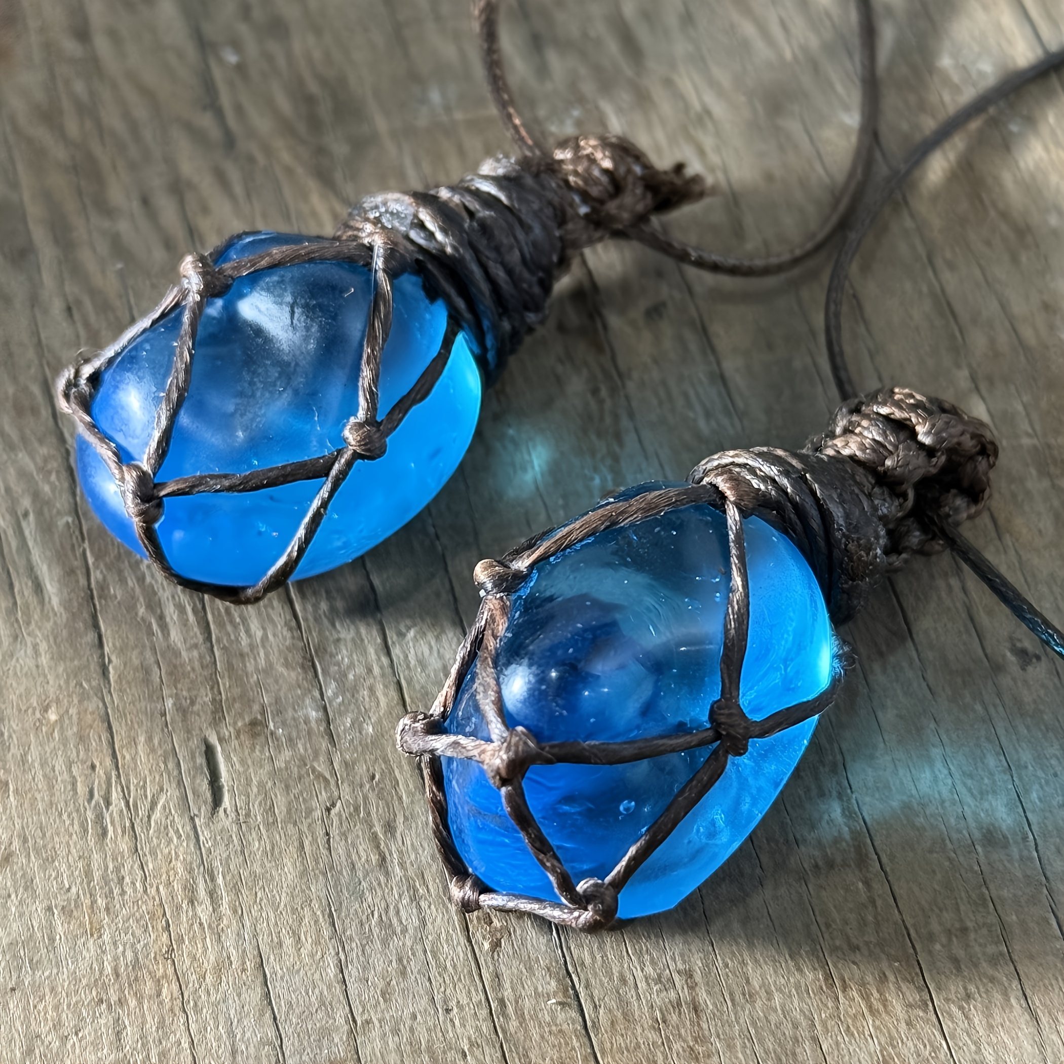 Handmade Vintage Natural Blue Glazed Pebble Pendant Necklace