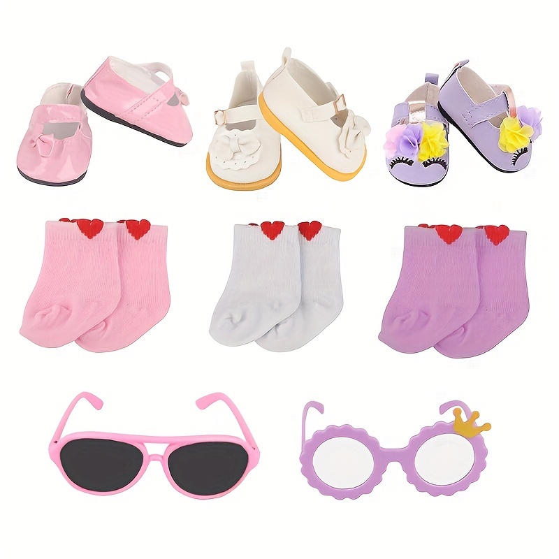 

Msyo 18 Inch Doll Shoes Socks Glasses Set, 3 Pairs Of Doll Shoes + 3 Pairs Of Doll Socks + 2 Pcs Doll Eye Glasses, 8 Pcs Doll Accessories Fits 18 In American Dolls, Birthday Gift For Daughter