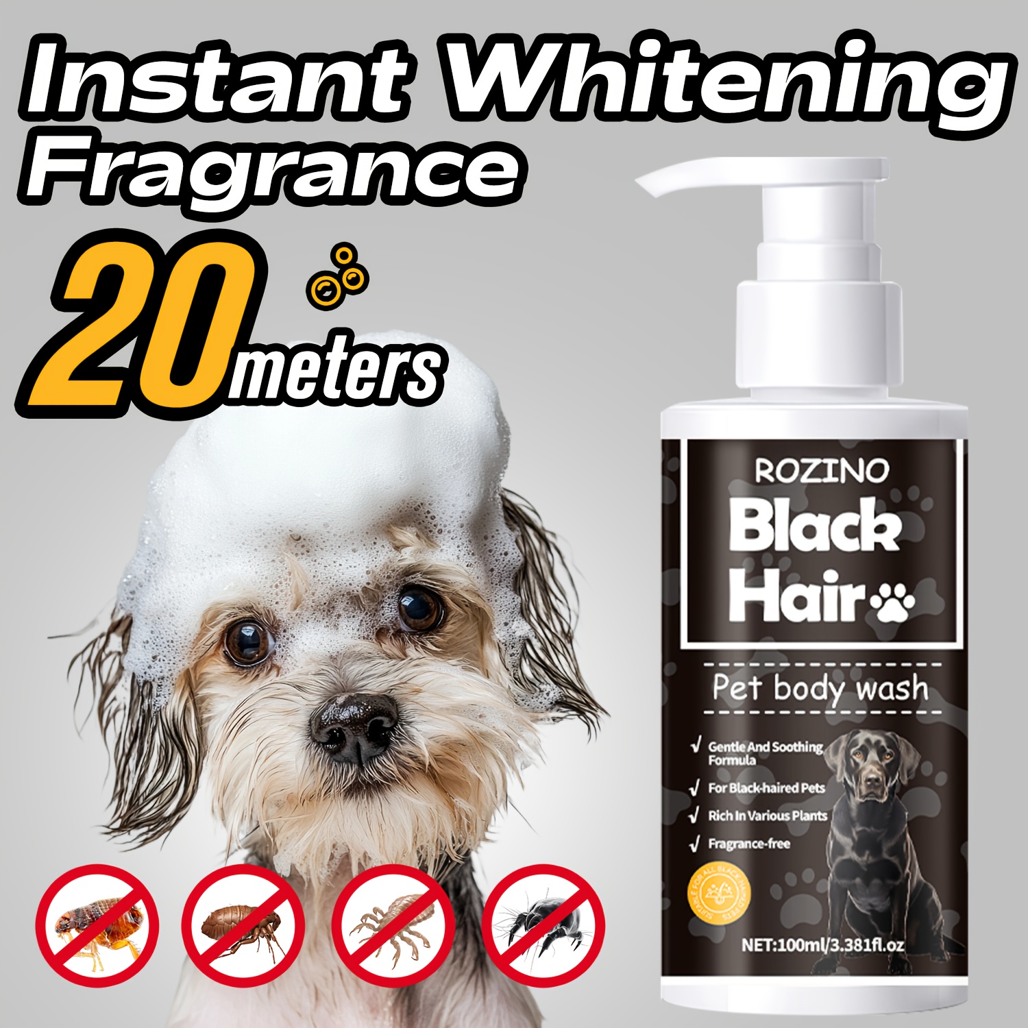 Extract Pet Shampoo. Natural Extract. Shiny And Soft Cleansing. Long-lasting Fragrance. Reduces Shedding. Smooth And Glossy. Suitable For All Types Of Fur. Recommended For Short-haired Black Dogs.