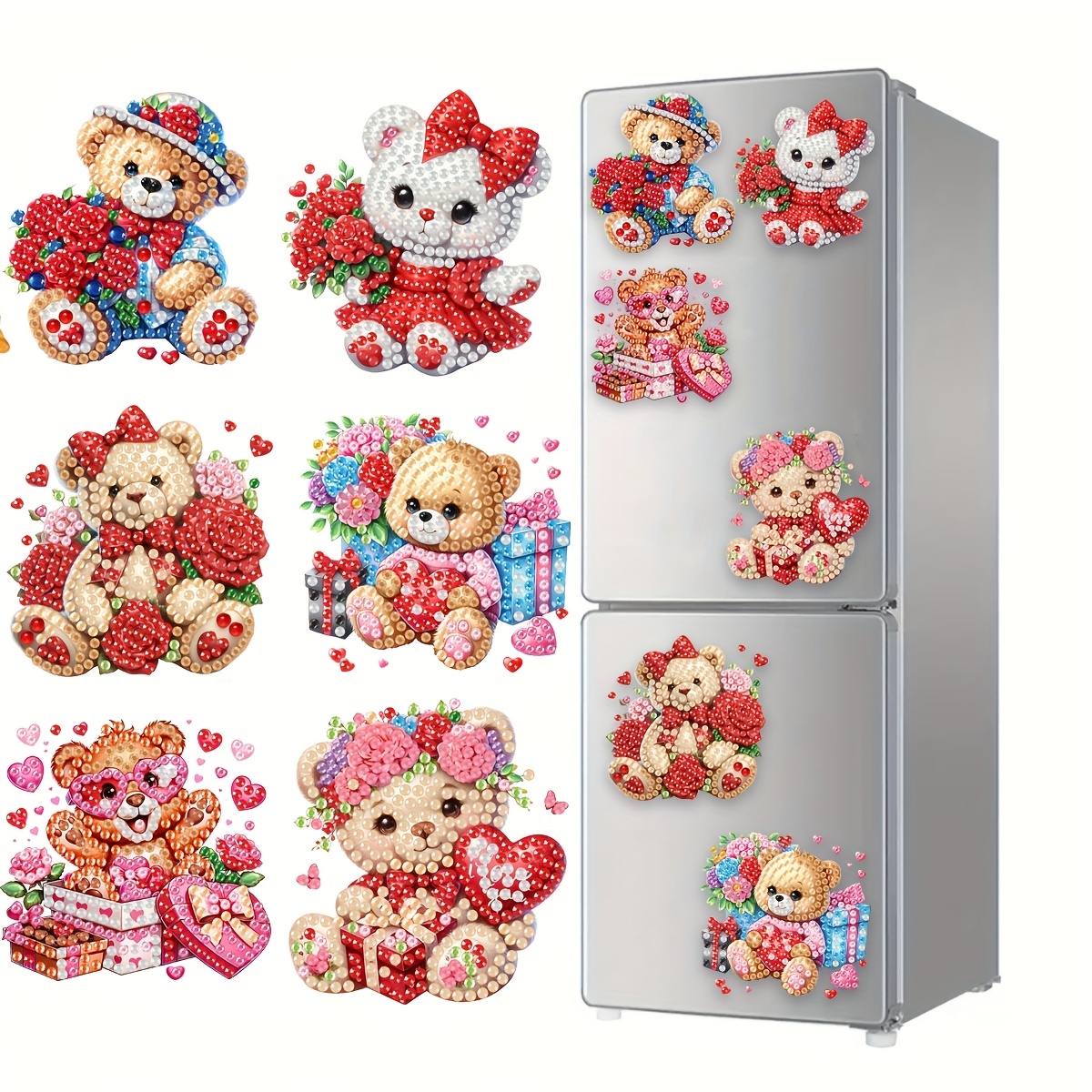 

6pcs Refrigerator Magnet Valentine's Day Cute Bear Decoration Diy Diamond Painting Magnet Kit Suitable For Diy Crafts Gift Refrigerator Mailbox Decoration