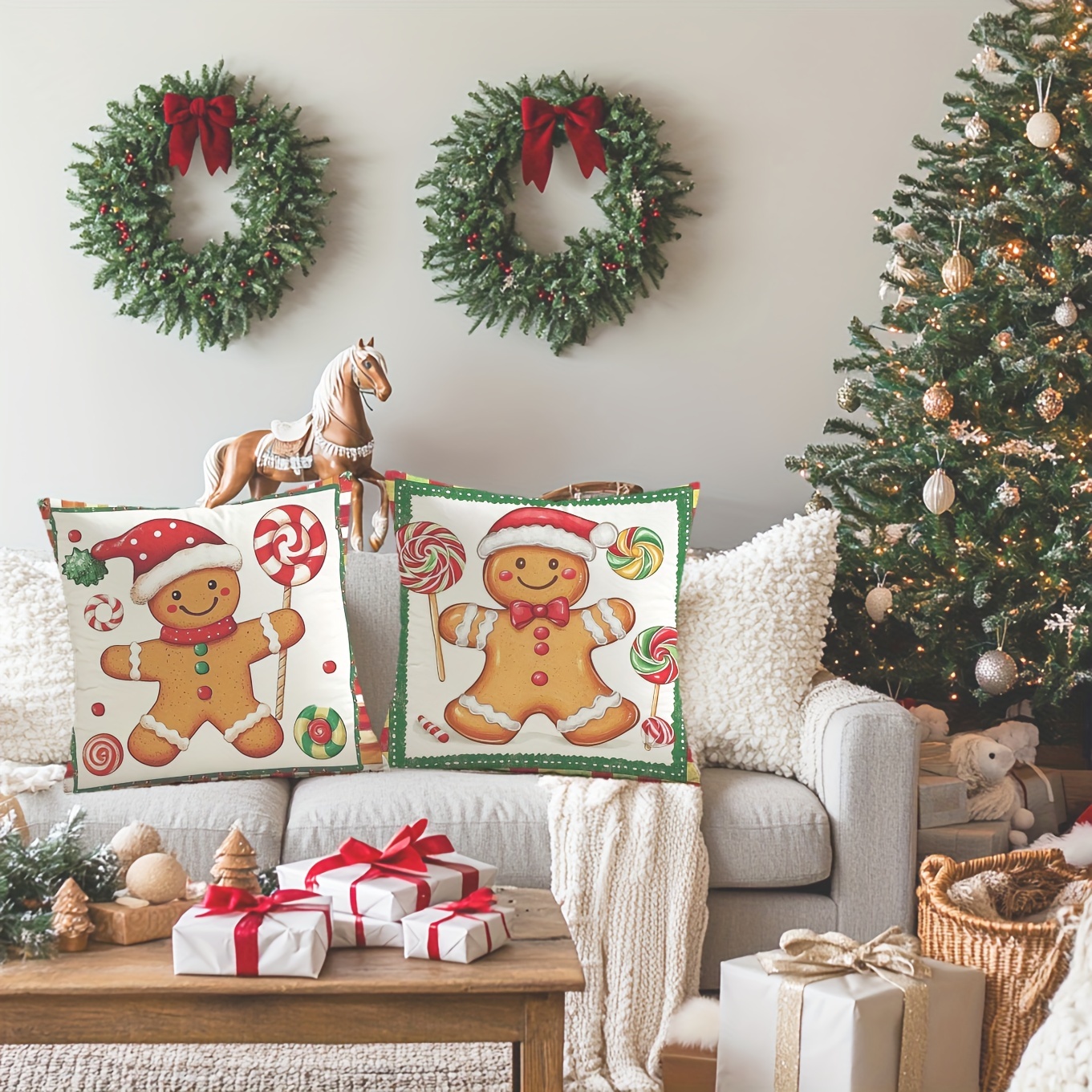 

2pcs Cute Gingerbread For Man & Lollipop Christmas Pillow Covers, 17.7"x17.7", Vintage Style Zippered Polyester Cushion Cases For Sofa, Living Room, Bedroom - & New Year Decor Gift