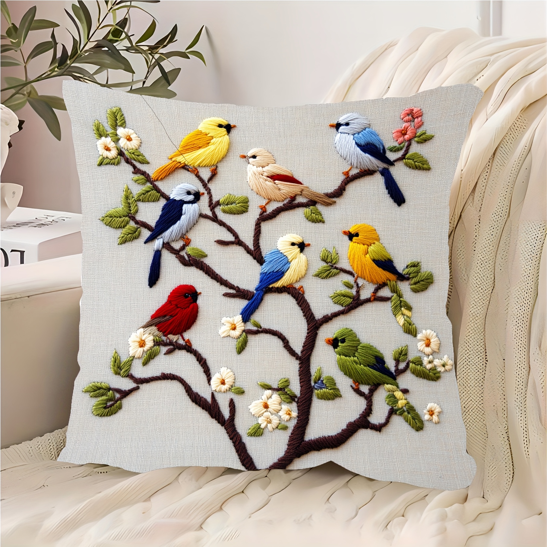 

1pc Vintage- & Branch Embroidery Polyester Pillow Cover, 18"x18", Single-sided Print, Zip Closure - Ideal For Sofa, Living Room, Bedroom, Office Decor (no Insert)