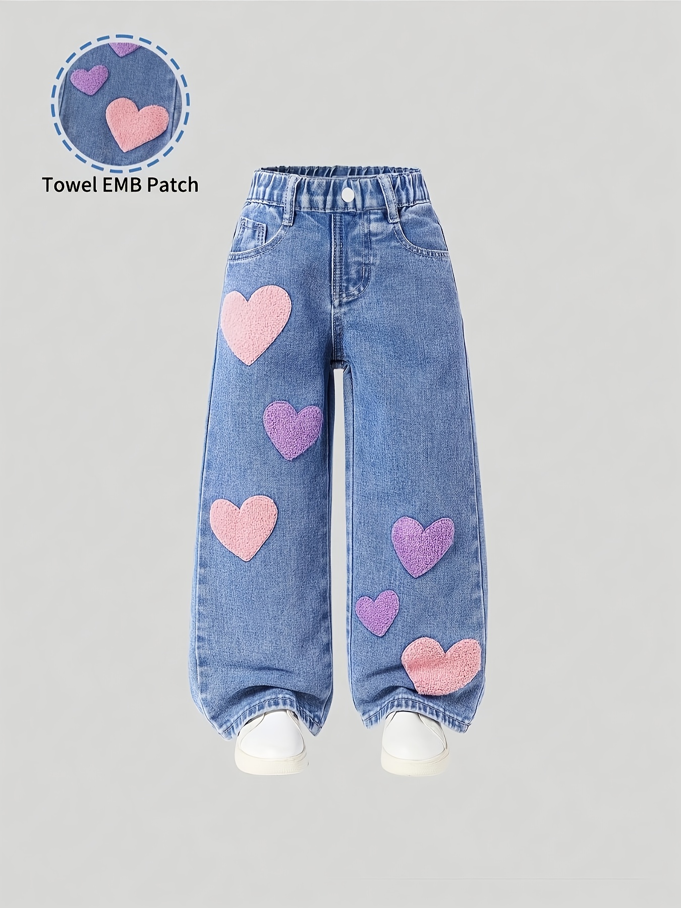 Kids' Faux Denim, Girls' Heart Towel Embroidered Patch Decor, Loose Straight Relaxed Waist Design, Soft Comfortable Skin-Friendly Faux Denim Fabric, Versatile Casual Outing Party Cute Trousers, Playful Item